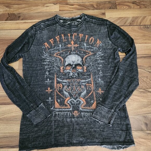 VTG Affliction Reversible Shirt Mens Indian Skull Y2K Grunge‎ Goth L/XL